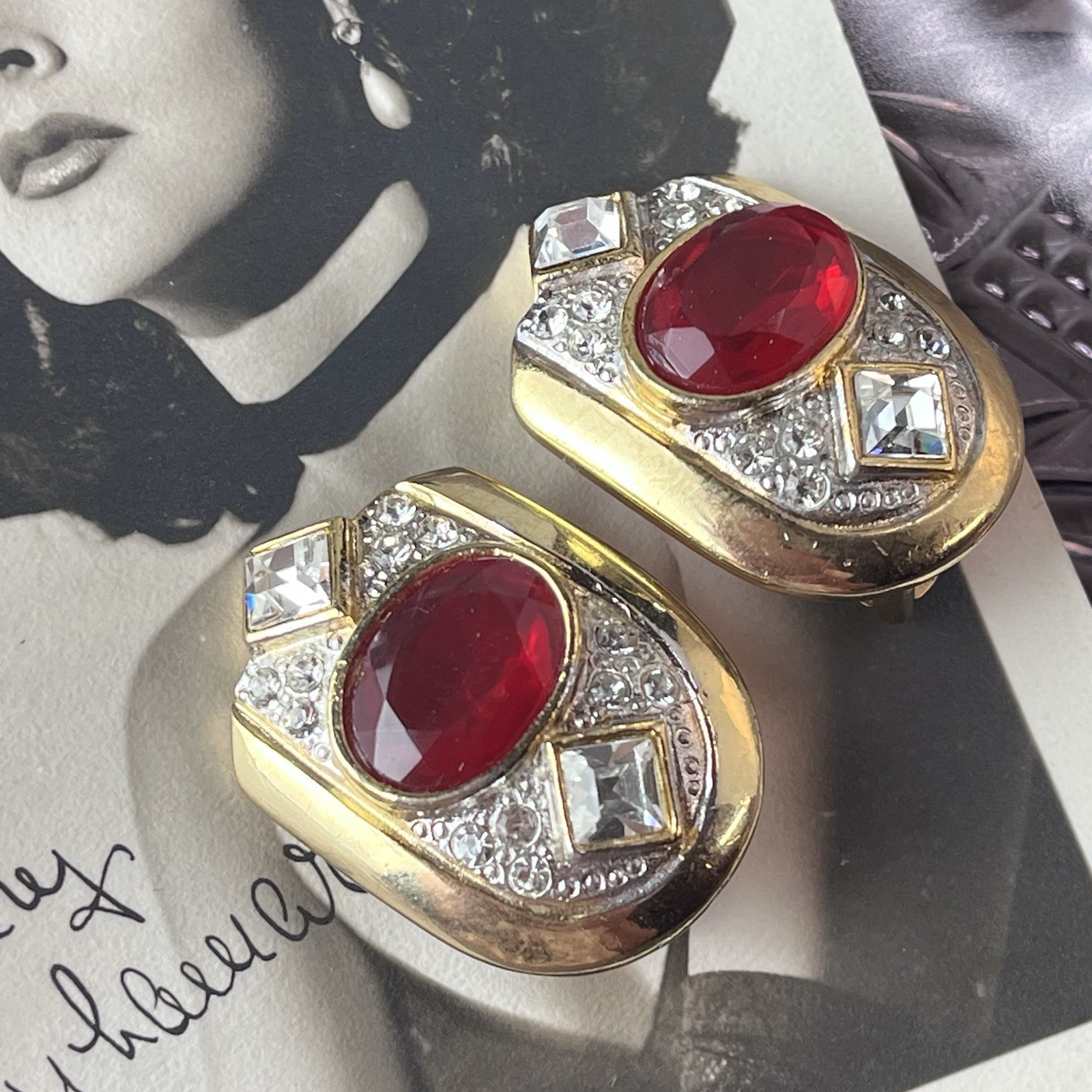 Vtg 1980s Ruby Red Glass Clip Earrings – Gold Tone -Clear Crystal Accent – 1.25”