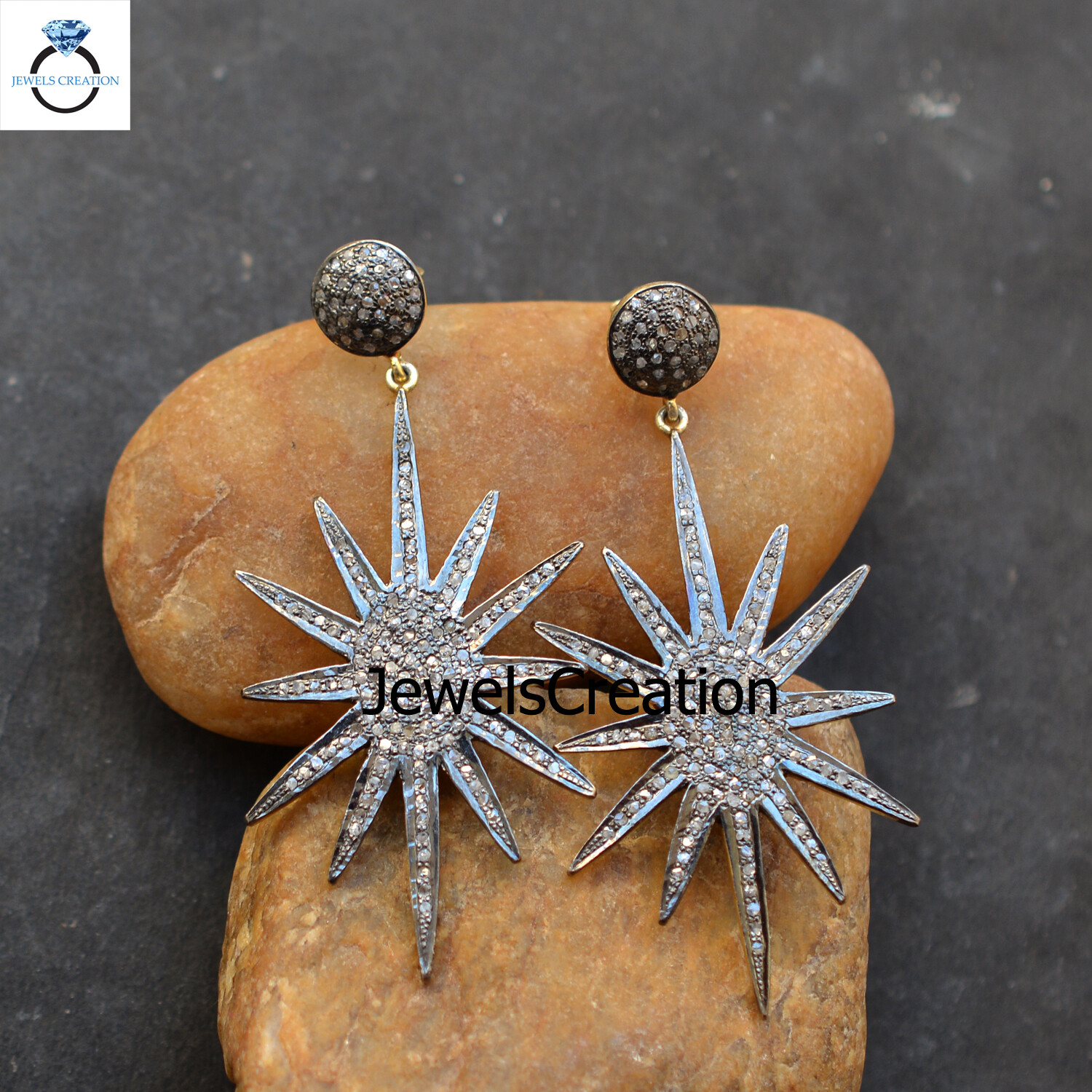 Genuine Pave Diamond 925 Silver Earrings Yellow Gold Vermeil Star Shape Jewelry
