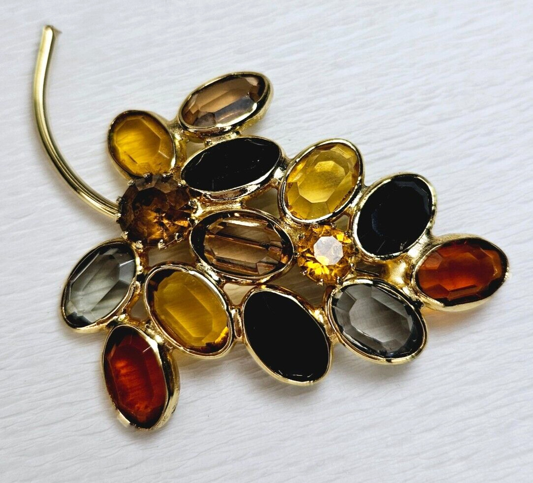 Vintage Fall Brown Colors Leaf Branch Shaped Open Back Stones Brooch