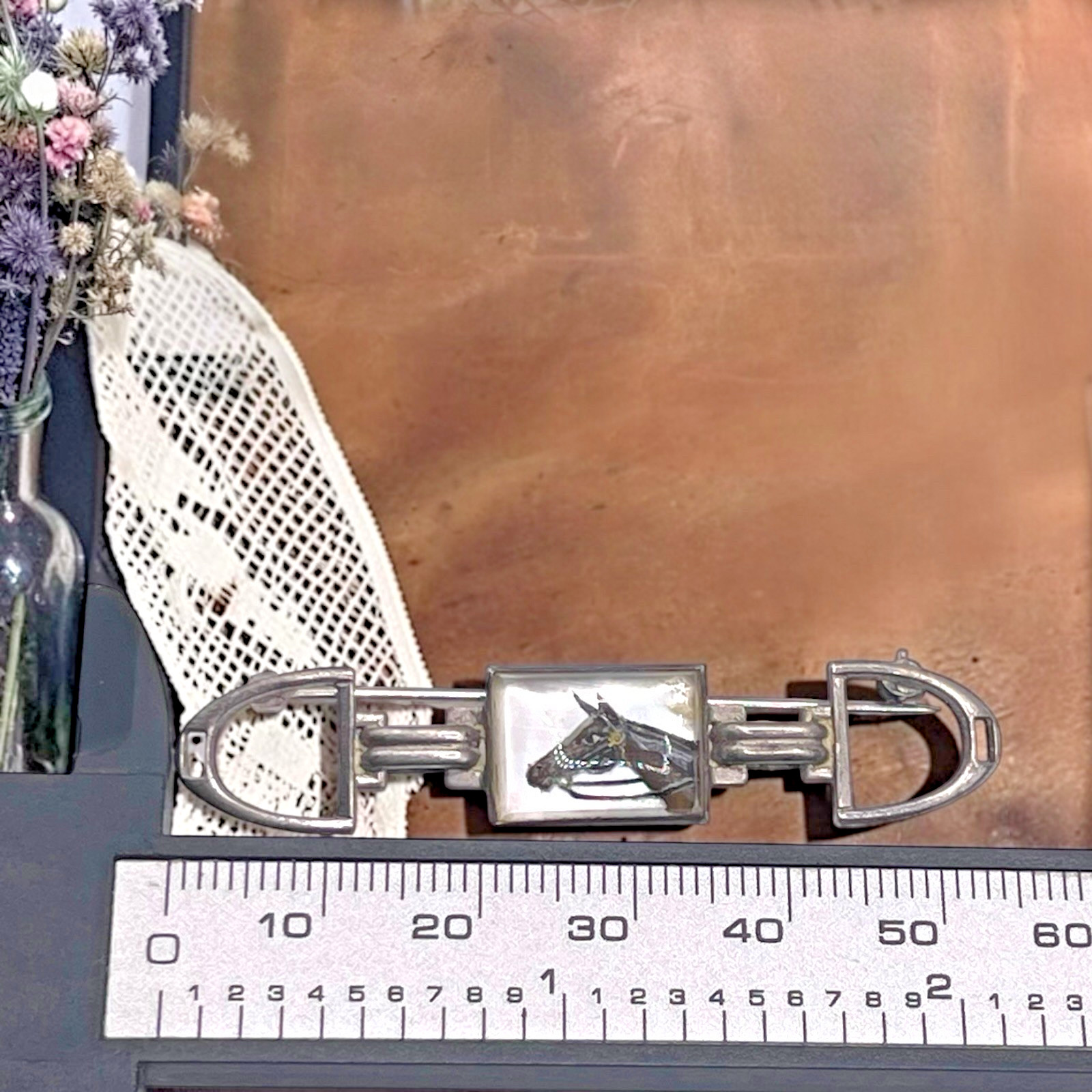 Vintage Horse Equestrian Mother of Pearl Stir-up Sterling Bar Brooch Pin, 2.25″