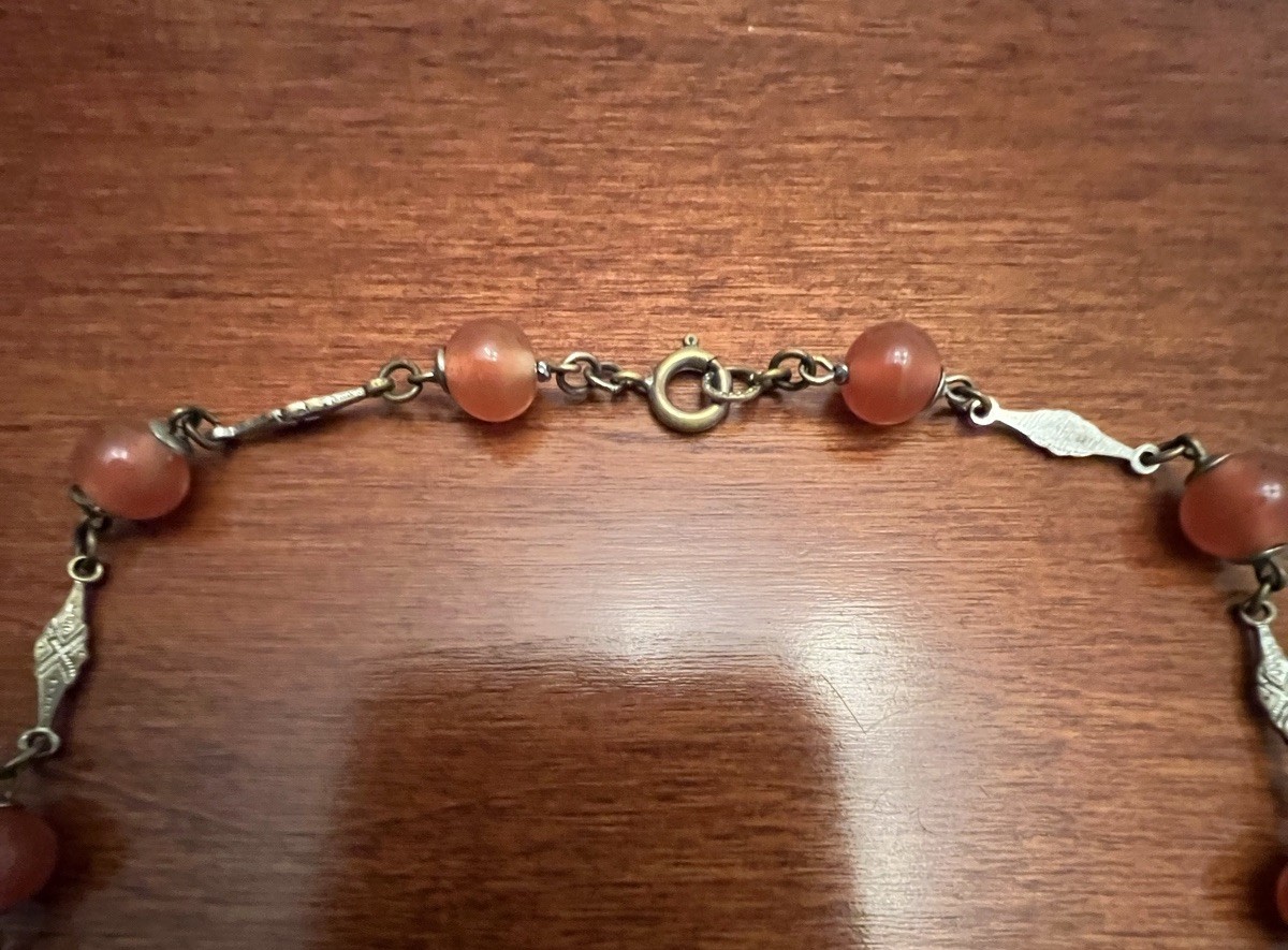 Vintage CZECH Faux Carnelian Glass Enamel Floral Station Pendant Necklace Signed
