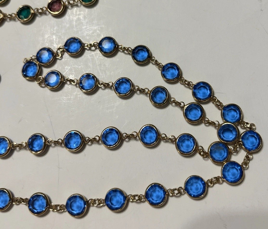 3 Vintage Faceted Austrian Crystal Window Necklaces Bezel Blue, Clear, Multi