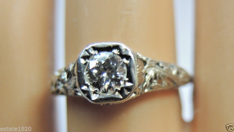Antique Art Deco Diamond Engagement 17K White Gold Ring Size EGL USA