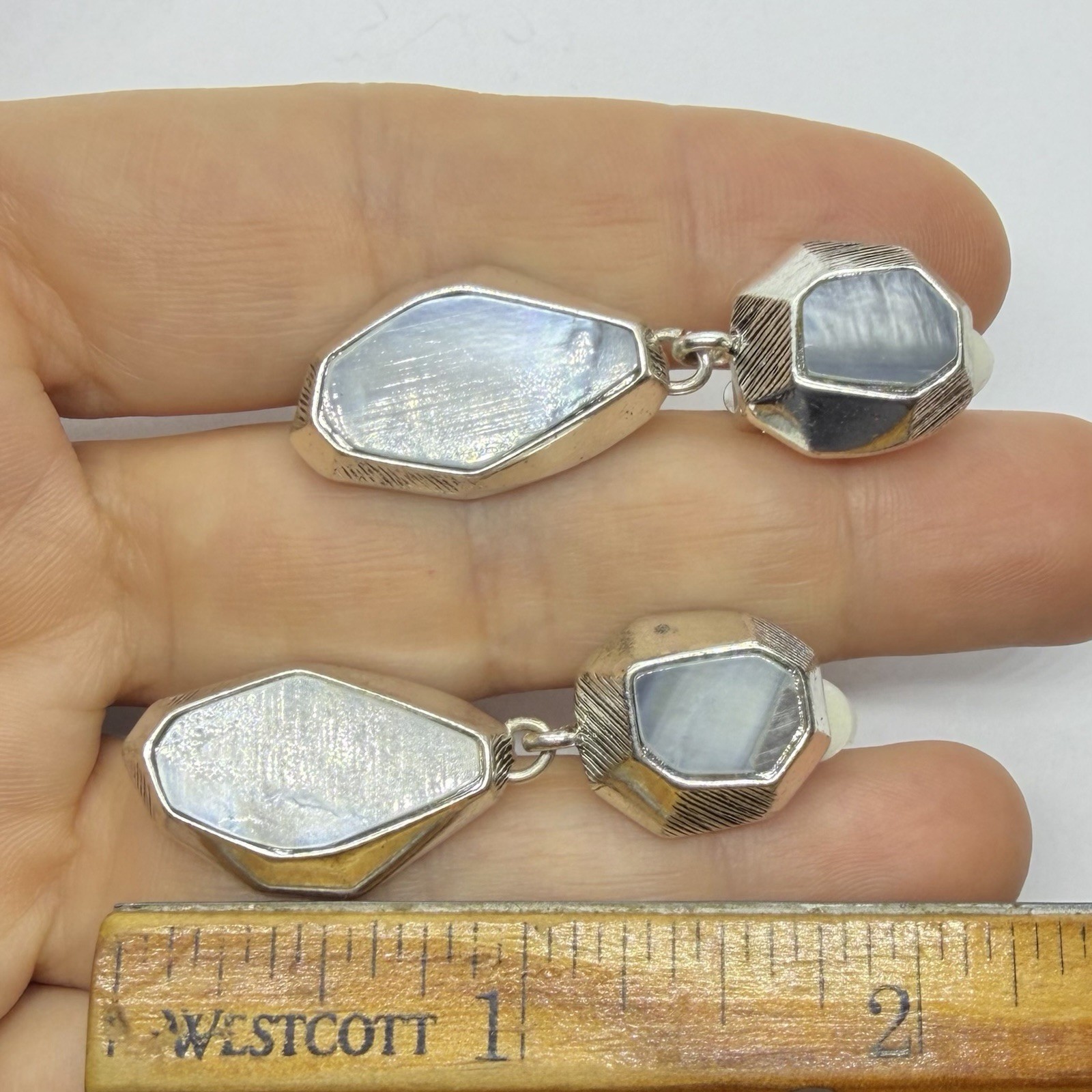 Vtg Gray Blue Mop Asymmetrical Faux Geode Slice Dangle Earrings Clip Silvertone