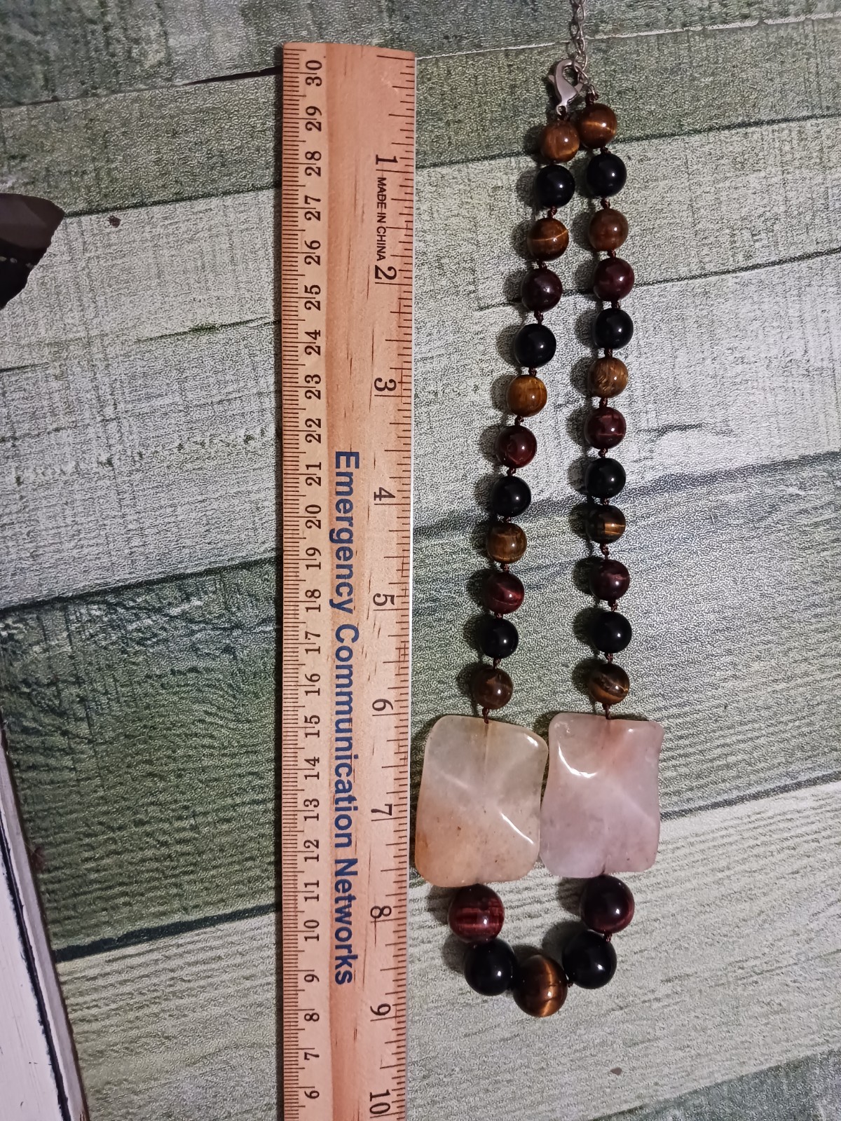 VINTAGE NATURAL YELLOW JADE TIGER’S EYE GEMSTONE NECKLACE 18K WHITE GOLD PLATED
