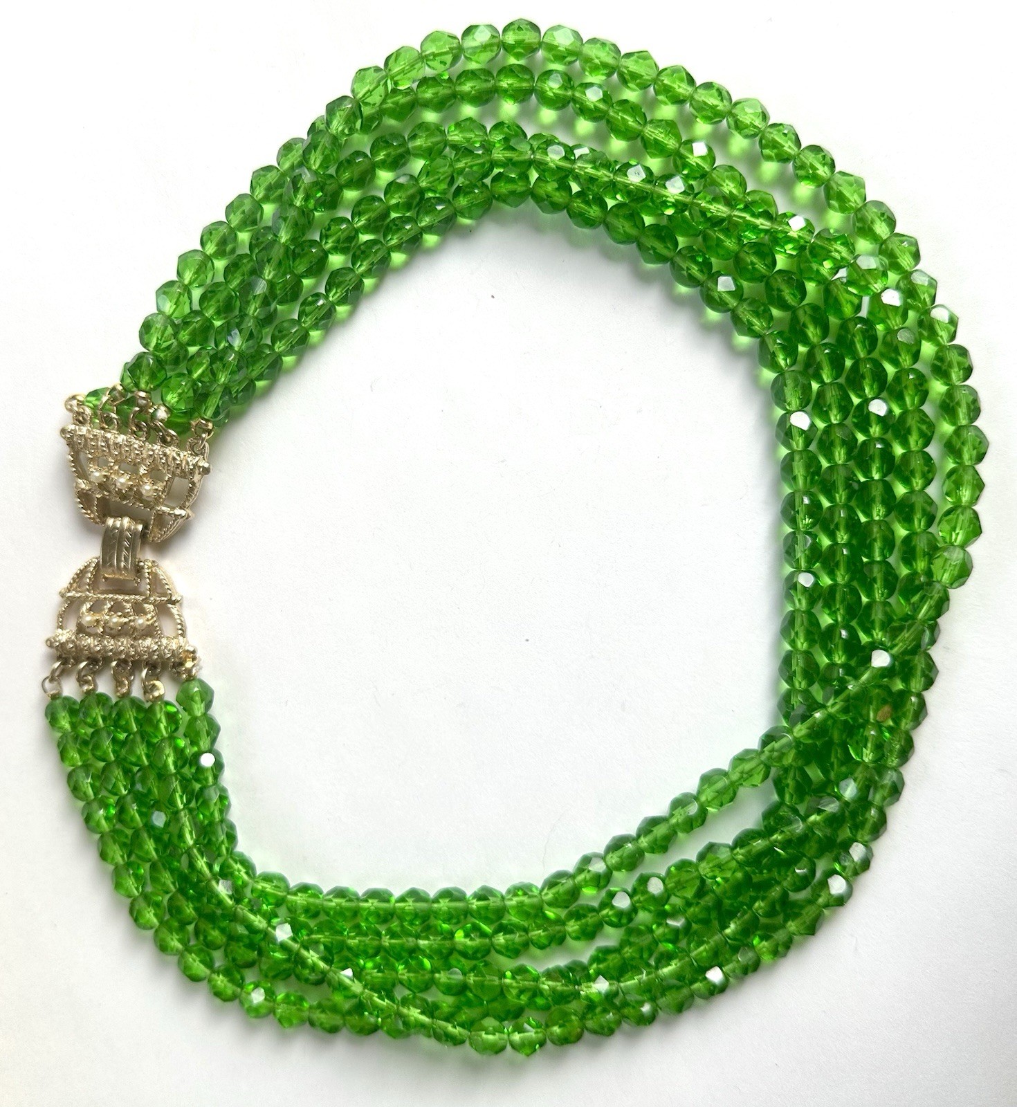 VTG Etruscan Revival Vivid Green Heavy 5-strand Glass Necklace Faux Pearls