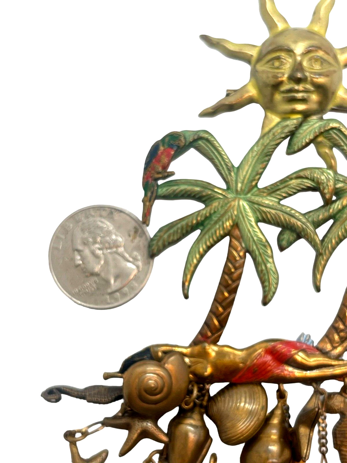 Huge Vintage Figural Palm Trees, Nude On Beach, Dangling Shells, Starfish Brooch