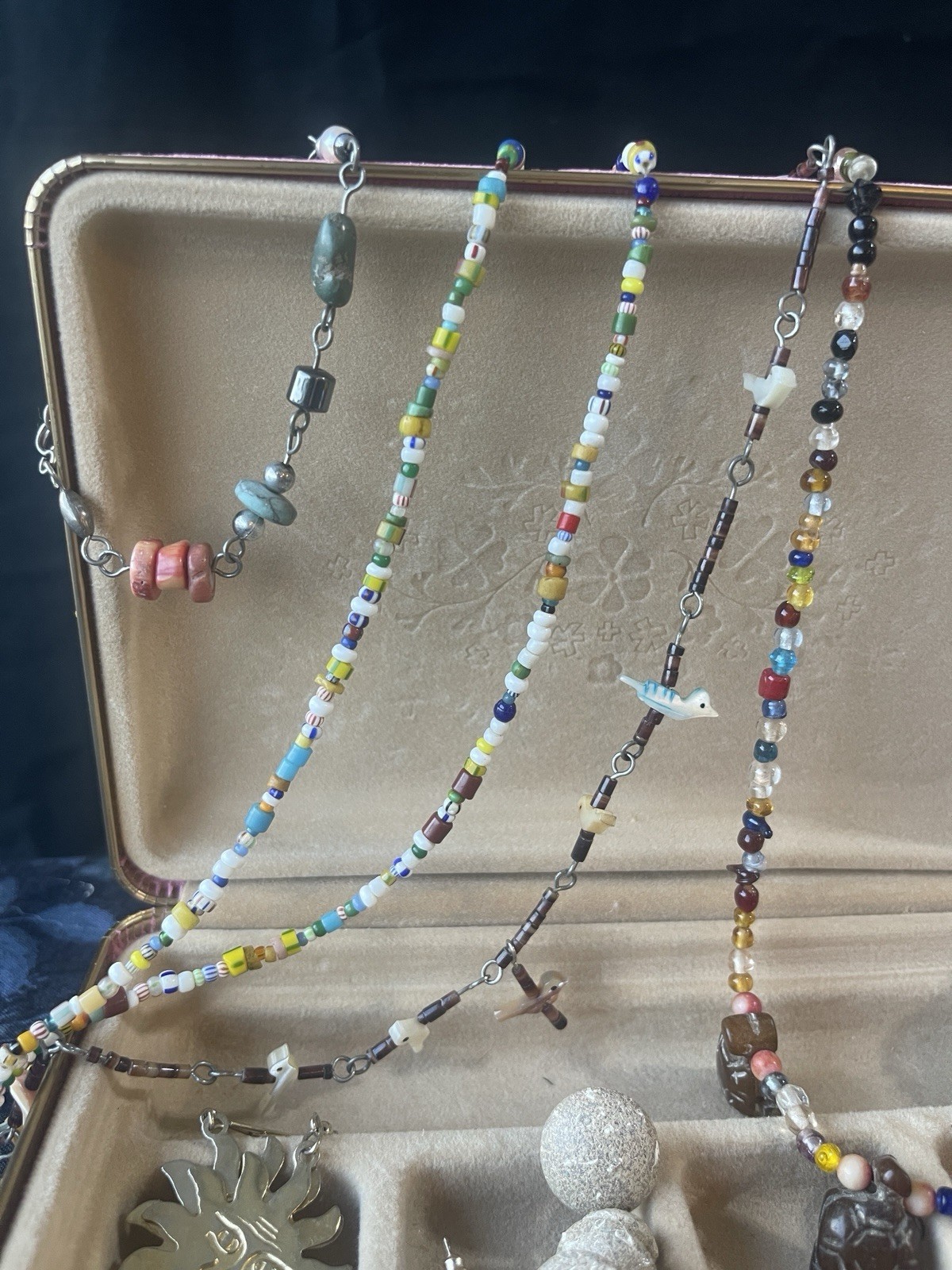 Vintage Bohemian Jewelry Lot Fetish Carved Bird Necklace Beads Sun Turtles