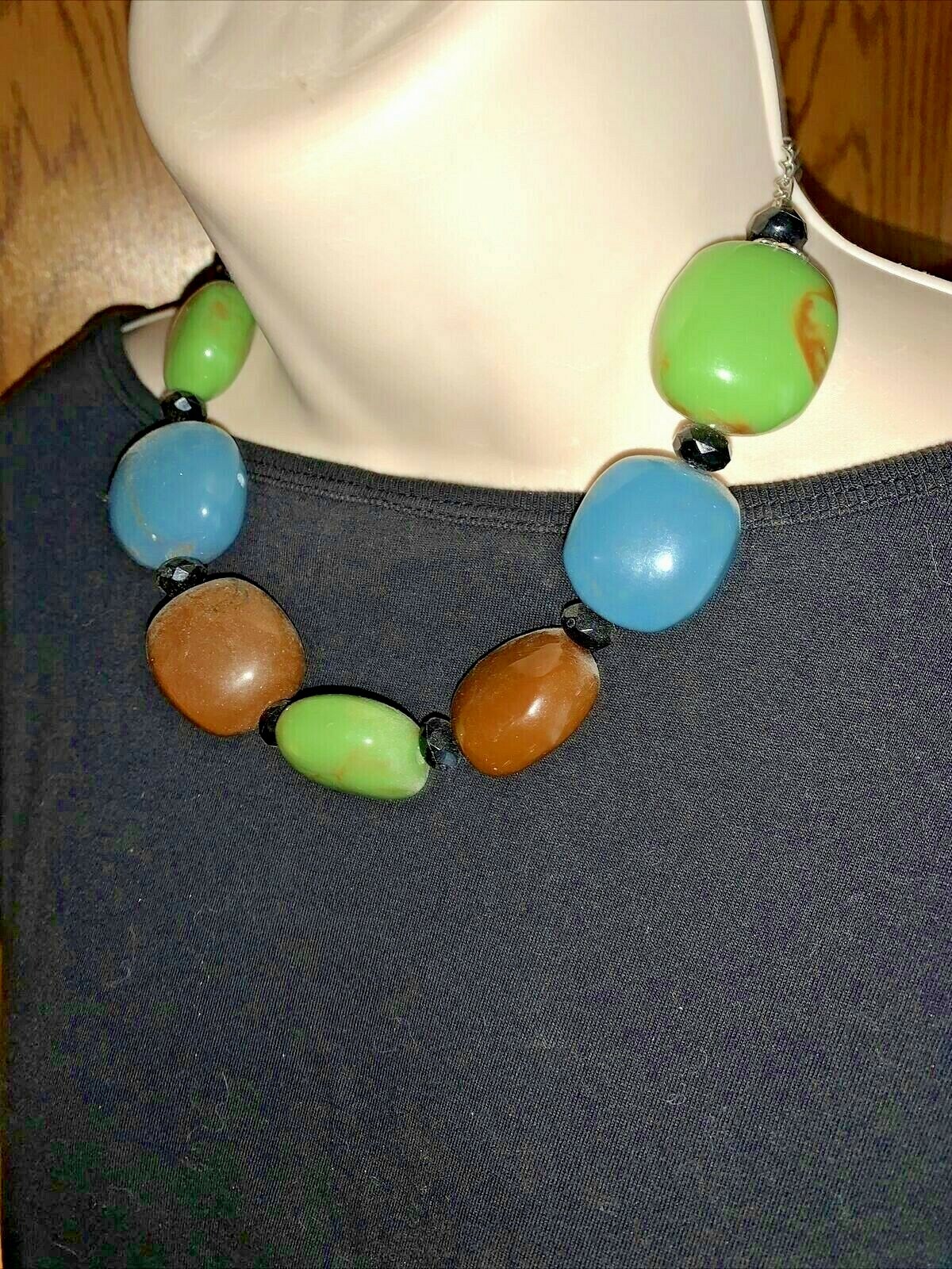 J CREW Jade Tiger’s Eye Brown Teal Blue Stone BIG BEAD Choker Necklace ❤️tw11j