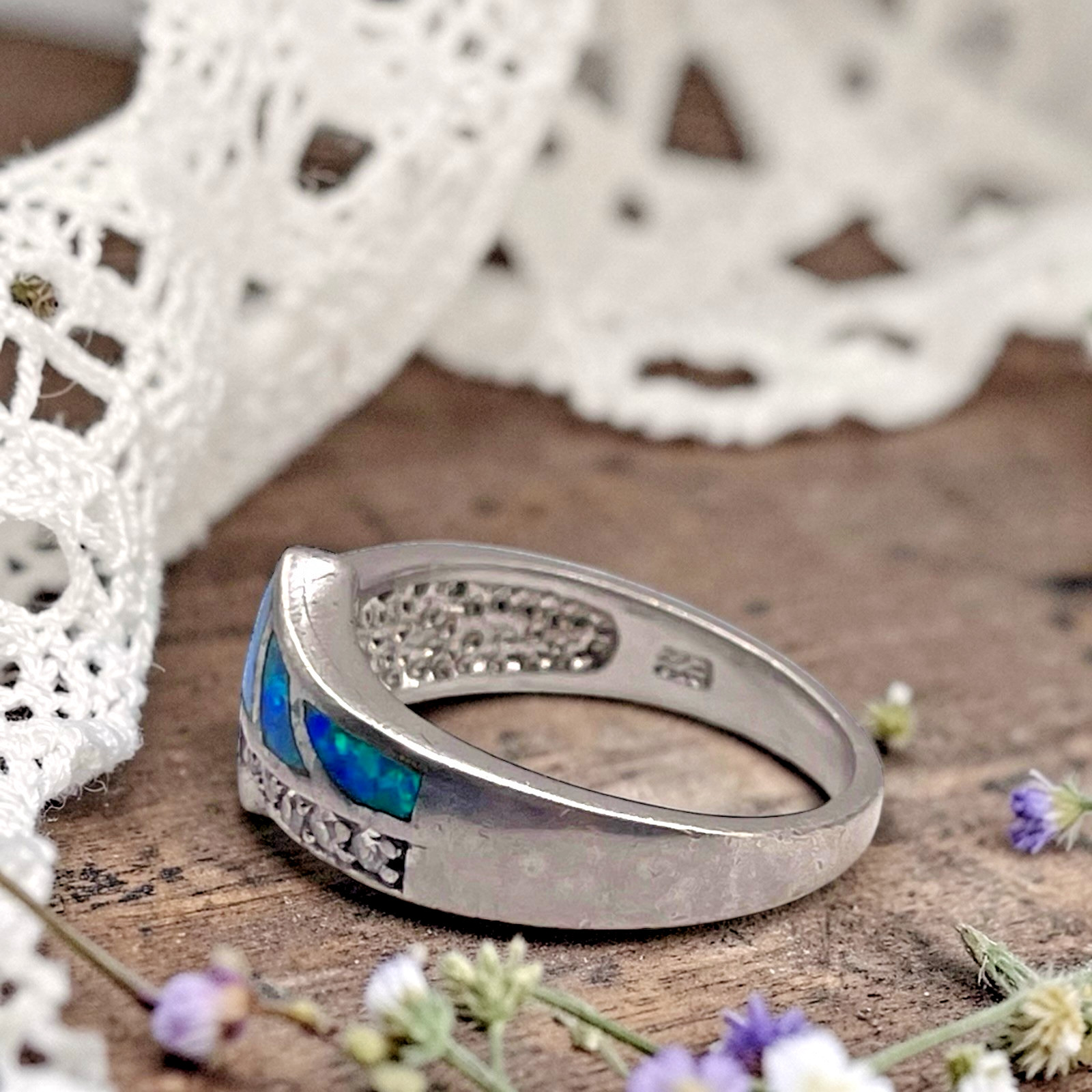 Blue Fire Opal with CZ Accents 925 Sterling Band Ring, size 8.25