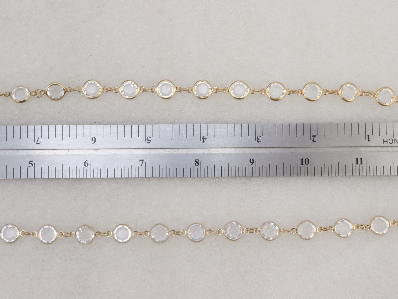 34″ Long 9mm Clear Crystal Bezel Rhinestone Necklace Signed AUSTRIAN USA Gold Tn
