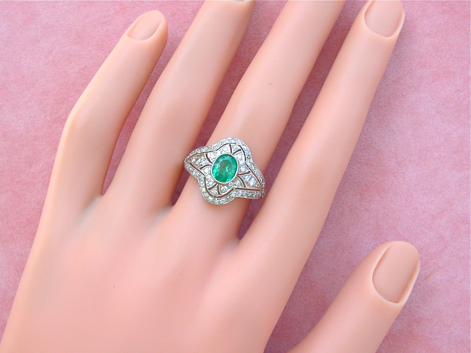 ART DECO .80 ct OVAL EMERALD 1.20 ctw DIAMOND PLATINUM RIGHT-HAND COCKTAIL RING