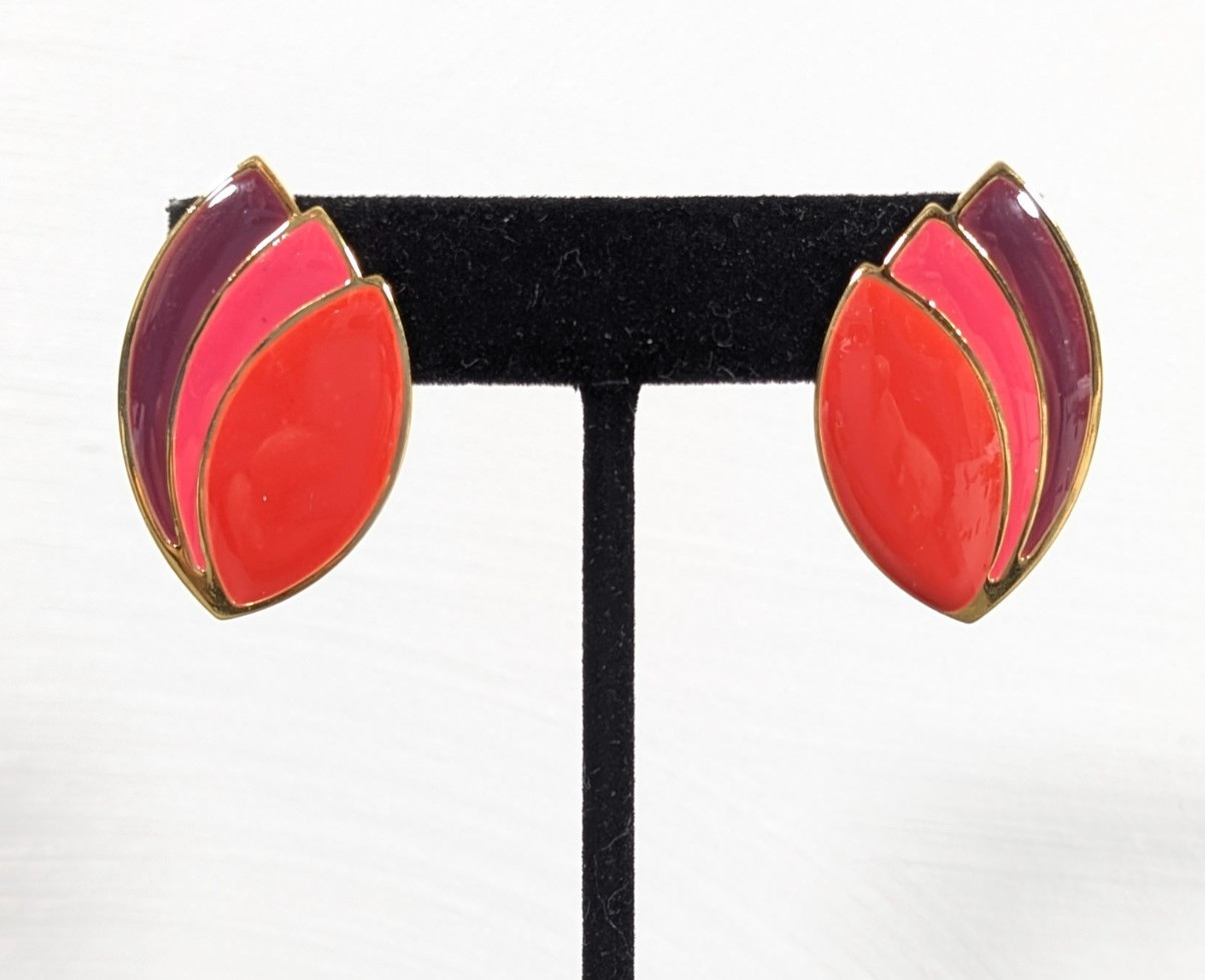 Purple Pink Red Ombre Enamel Leaf Drop Earrings Bold Retro Coastal Chic Pierced