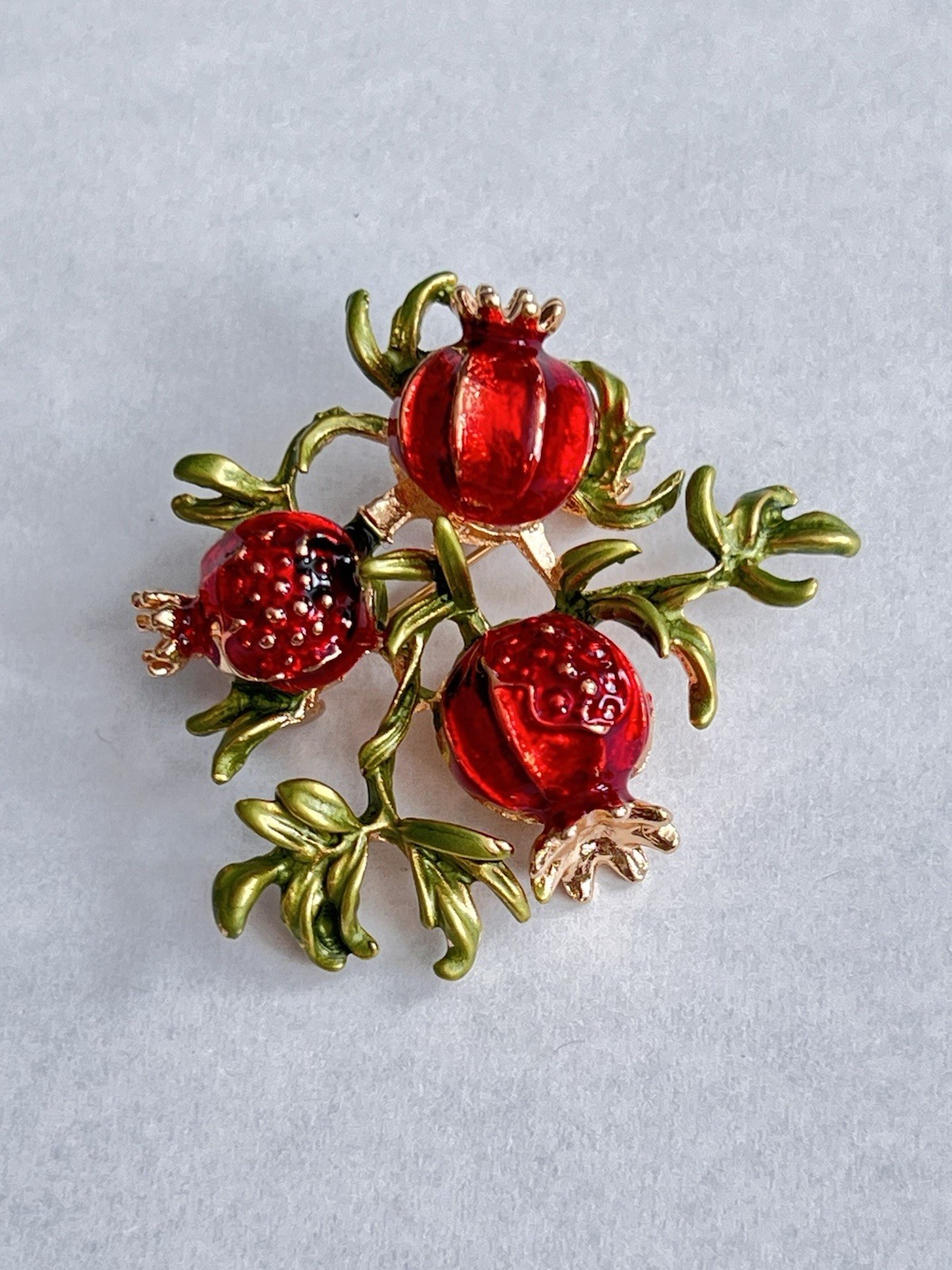 Pomegranate Branch Brooch Pin Red Enamel Fruit & Green Leaf Gold Tone