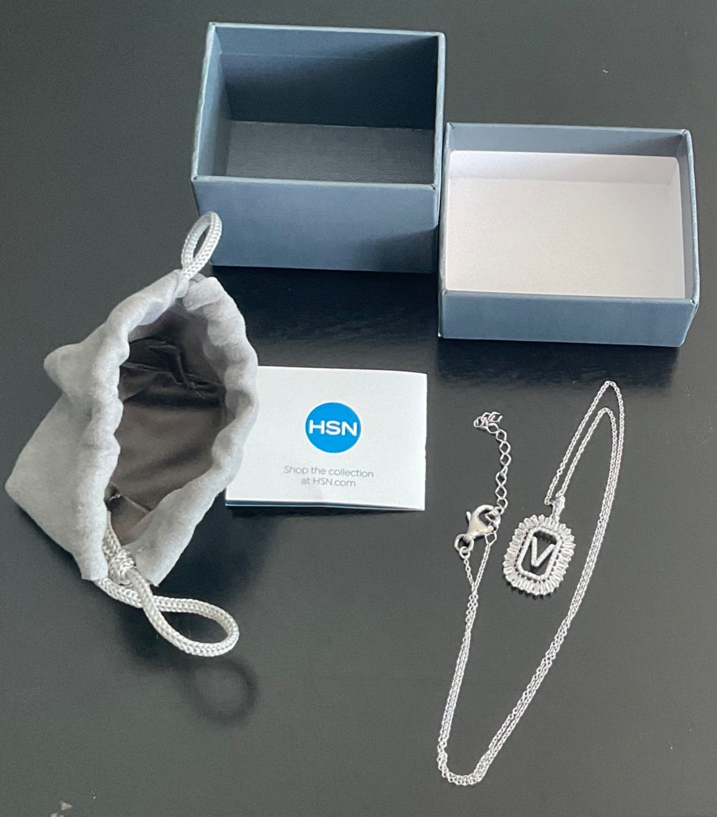 HSN JCL 925 Sterling Silver CZ “V” Initial Necklace with Orig Box Card Pouch