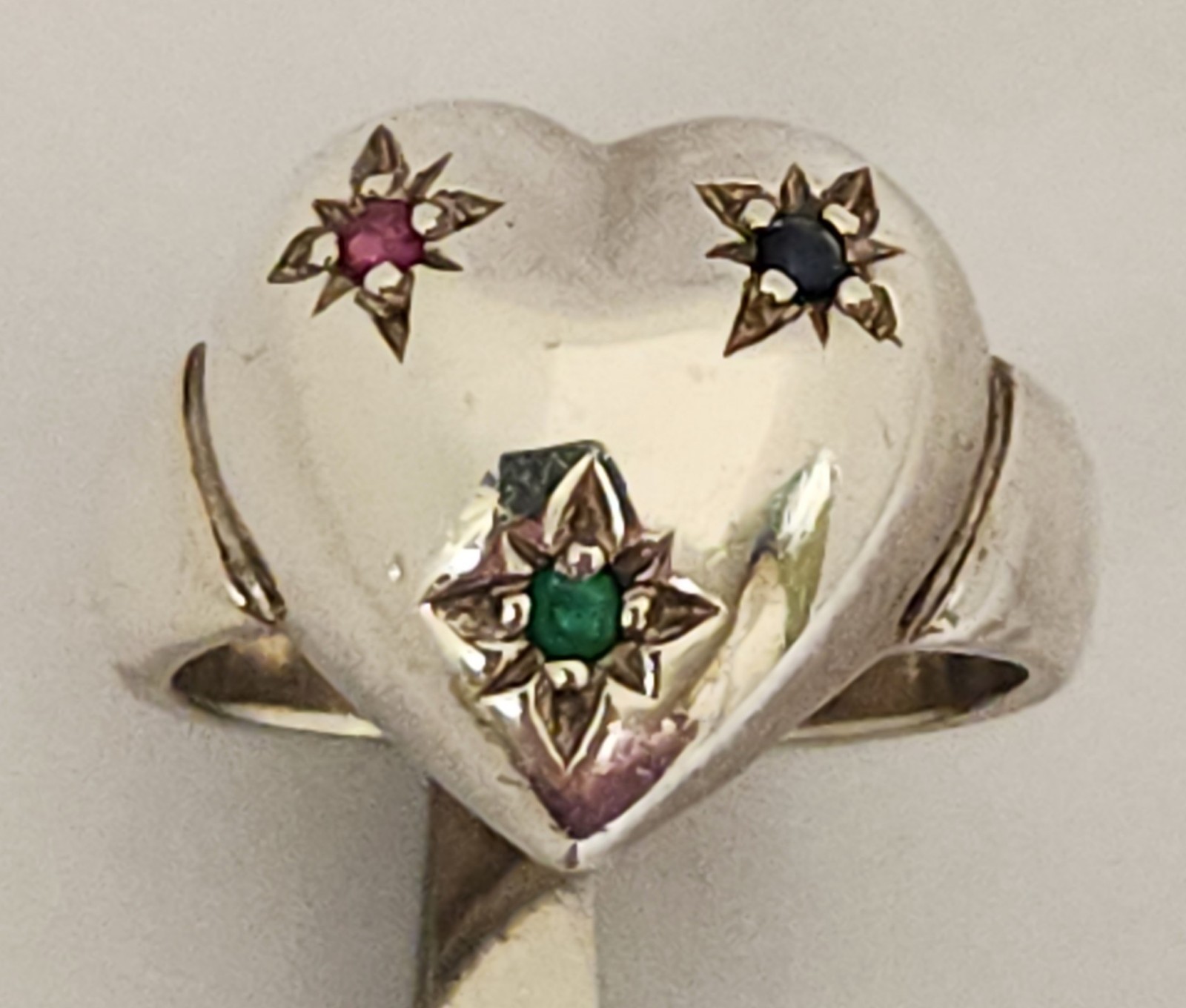 Sterling Silver Puffy Heart Star Set Genuine Ruby Sapphire Emerald Ring 6.5