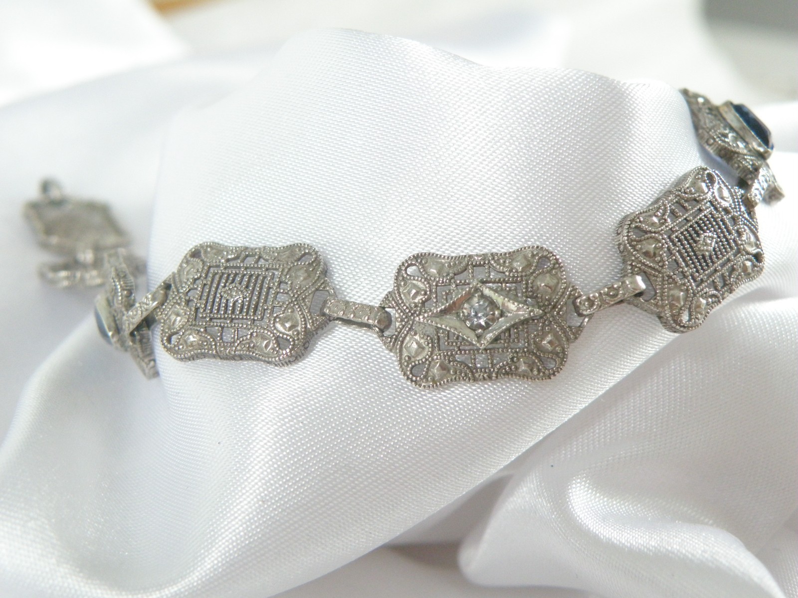 Art Deco Sterling Silver Sapphire Paste Filigree Station Antique Bracelet 7.5″