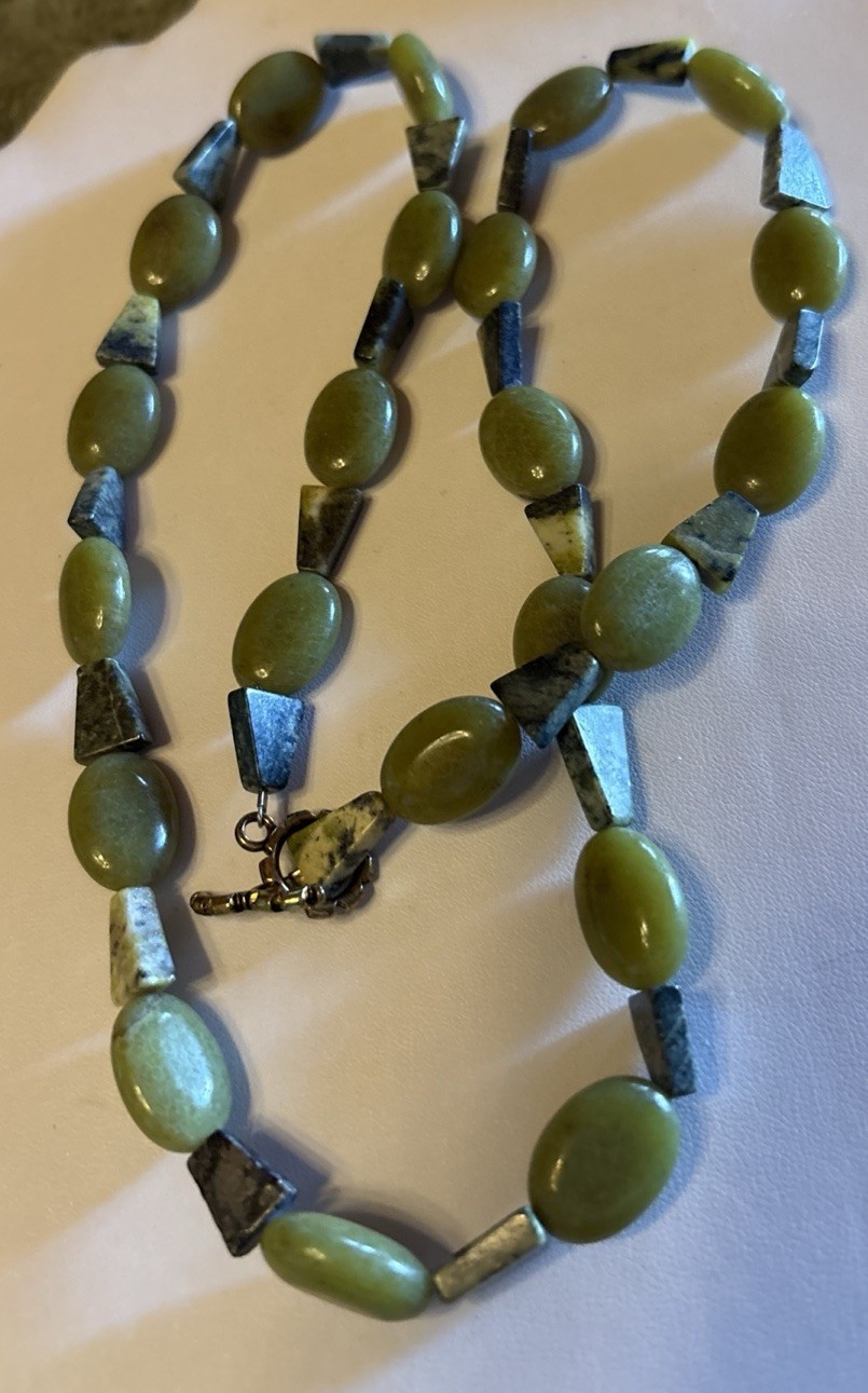 Green Serpentine All Natural Stone Necklace 26” & Triangular Stone Discs Boho