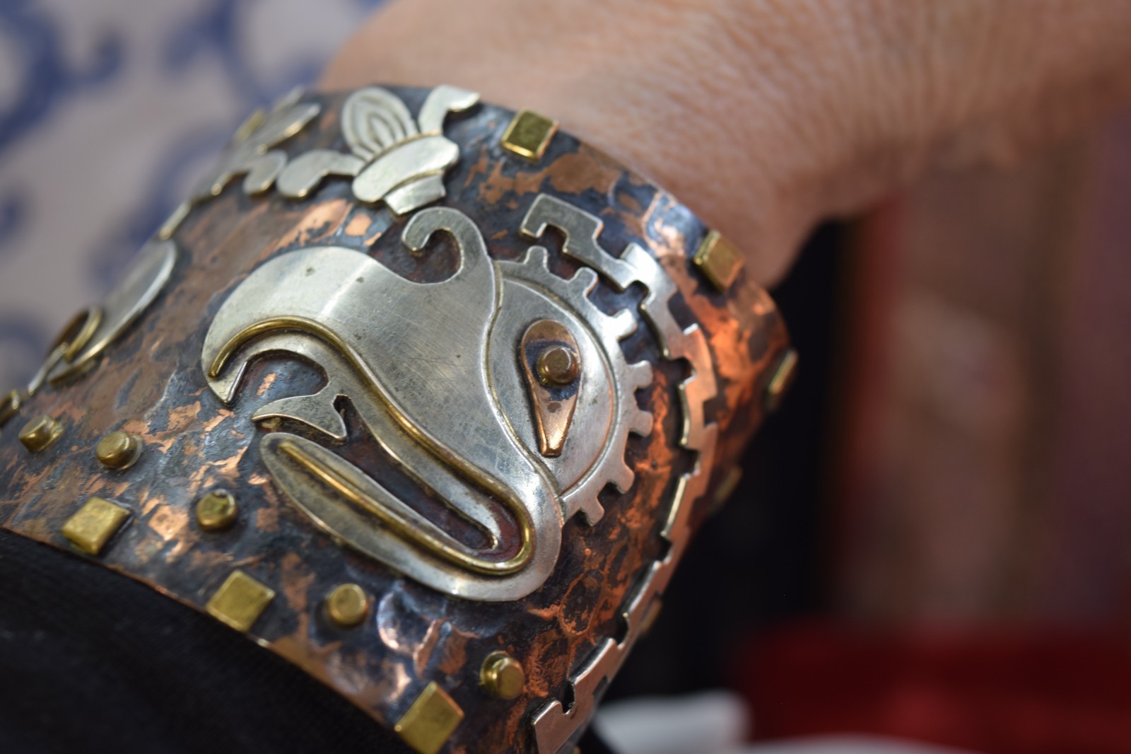Vintage Mexico Mixed Metal Huge Aztec Bracelet Sterling Copper Brass 8″