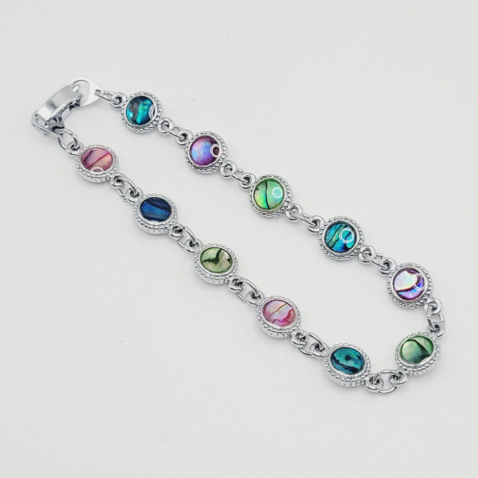 Signed SJ Colorful Paua Abalone Shell Silver Tone Link Vintage Bracelet 7.25 in