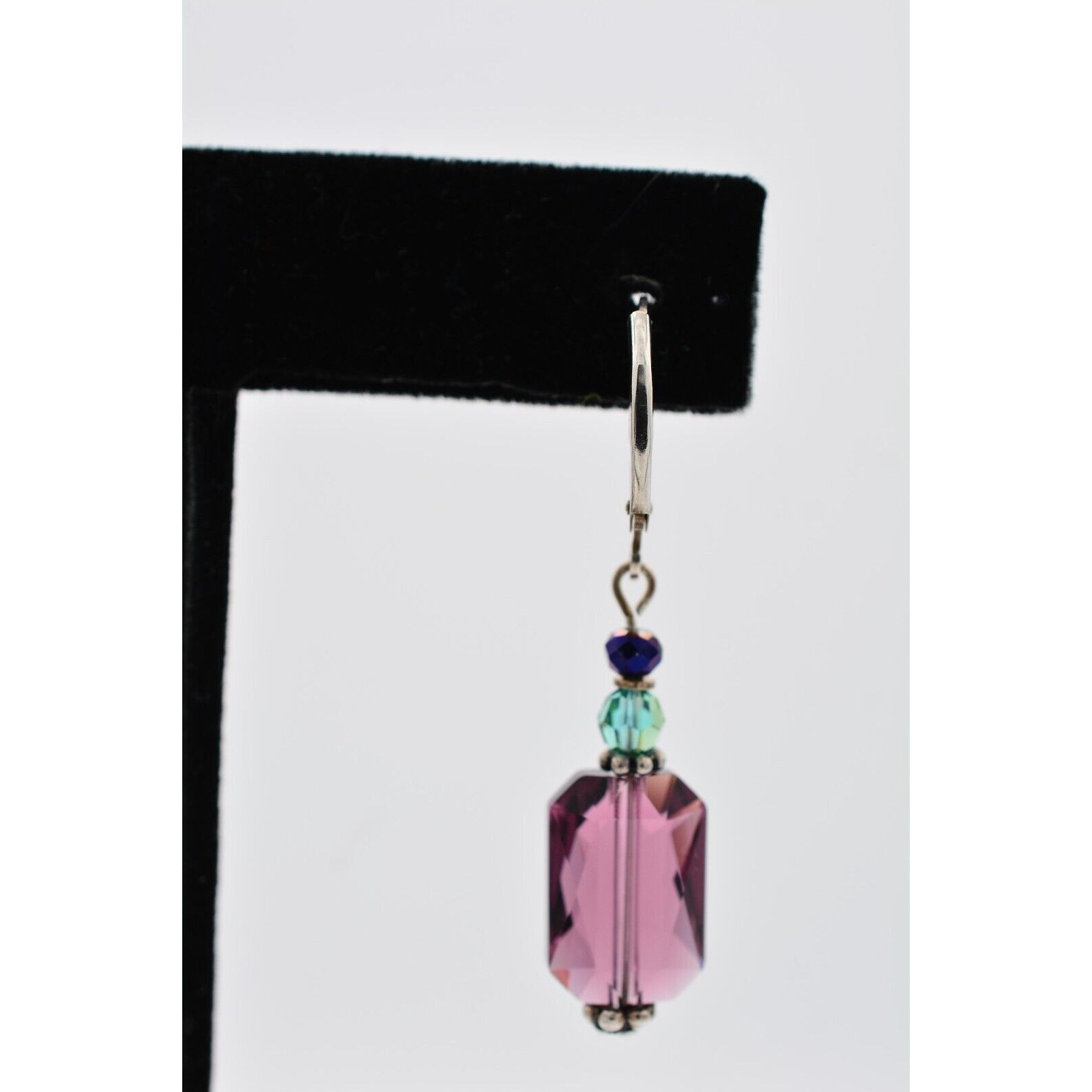 Vintage Crystal Dangle Earrings 925 Sterling Silver Purple Blue Beaded 1980s 9I