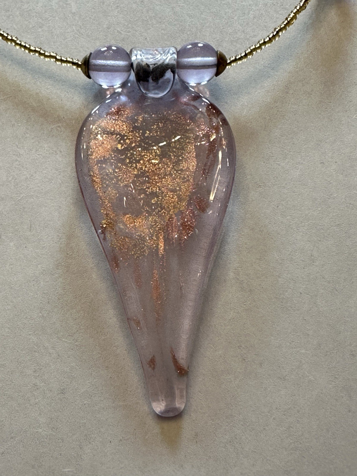 VTG Handmade Pale Lavender Pendant Necklace W/Gold-Toned Beaded Chain & Earrings