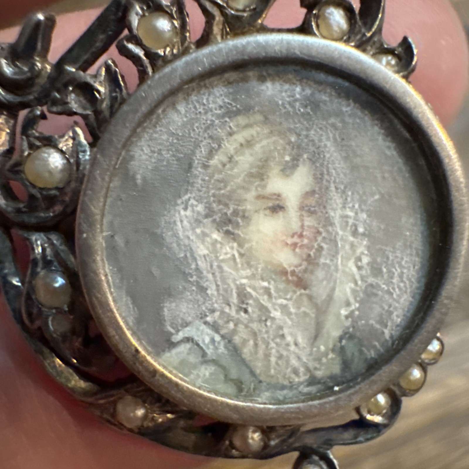 Antique Miniature Hand Painted Lady Rococo Portrait Brooch Seed Pearls READ