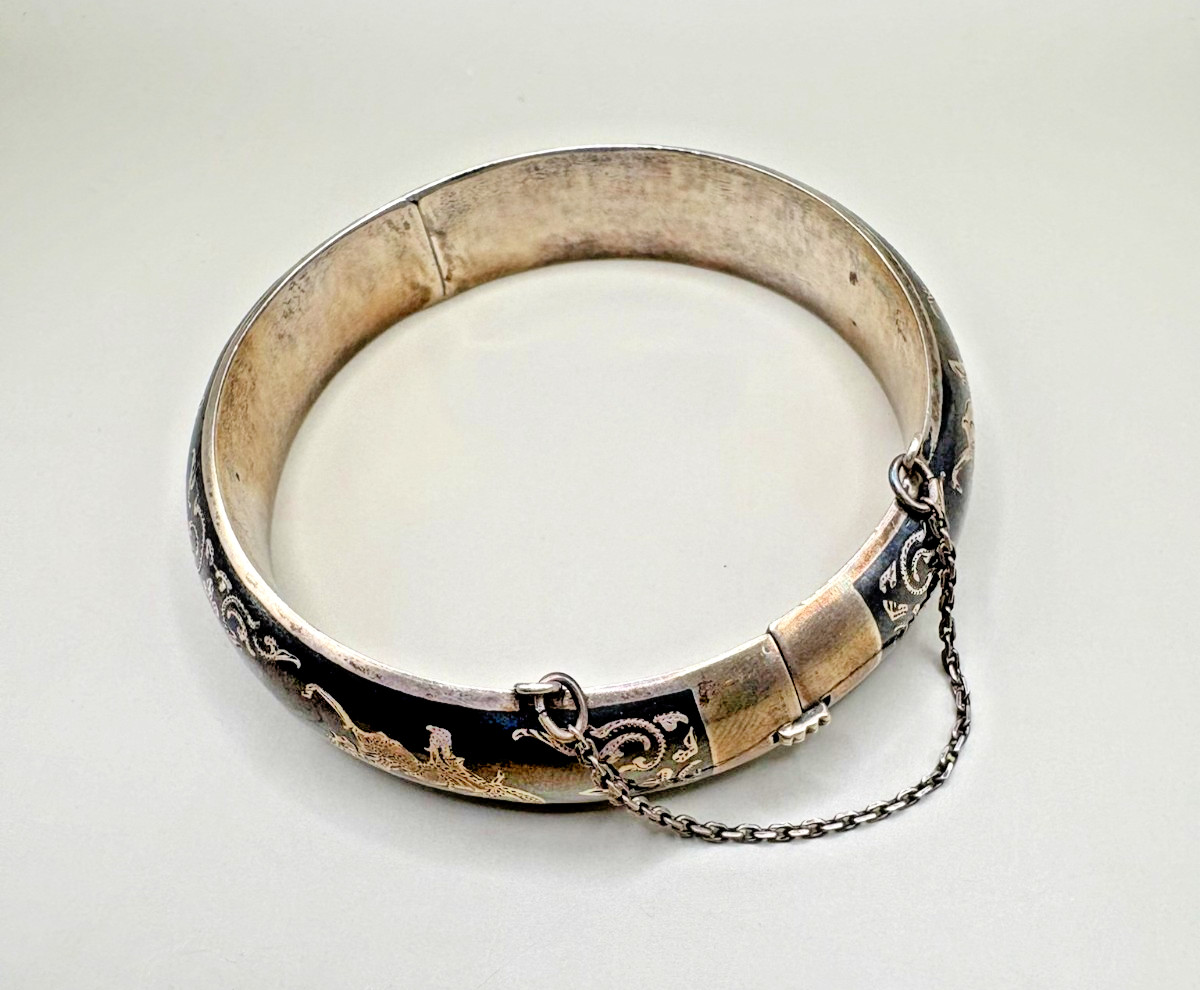 Vintage Siam Sterling Silver Niello Hinged Bangle Bracelet Dancing Goddess 31.5g