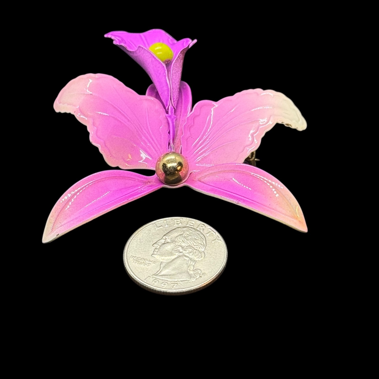 Vintage Brooch Pin Orchid Metal Purple Pink Enamel AS IS 3 in