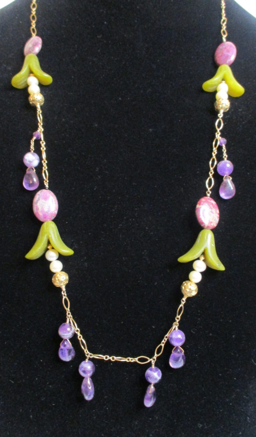 Antique-Like 14K GF Flowerette Necklace w/Jade, Amethyst, Pearl 30.75″L Handmade