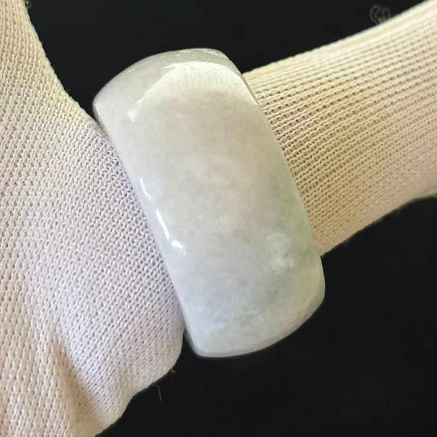 ATTENTION LITTLE DAMAGE, Natural White Jade Wide-Band Ring Width 12 mm, Size 8