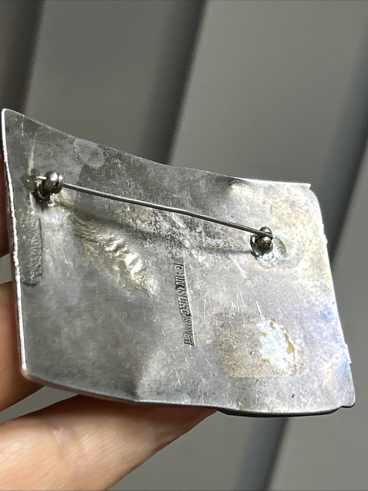 39. Old CHIN SUNG Silver Tribal Repousse Shadow Box Rectangle Pin 67 x 50mm