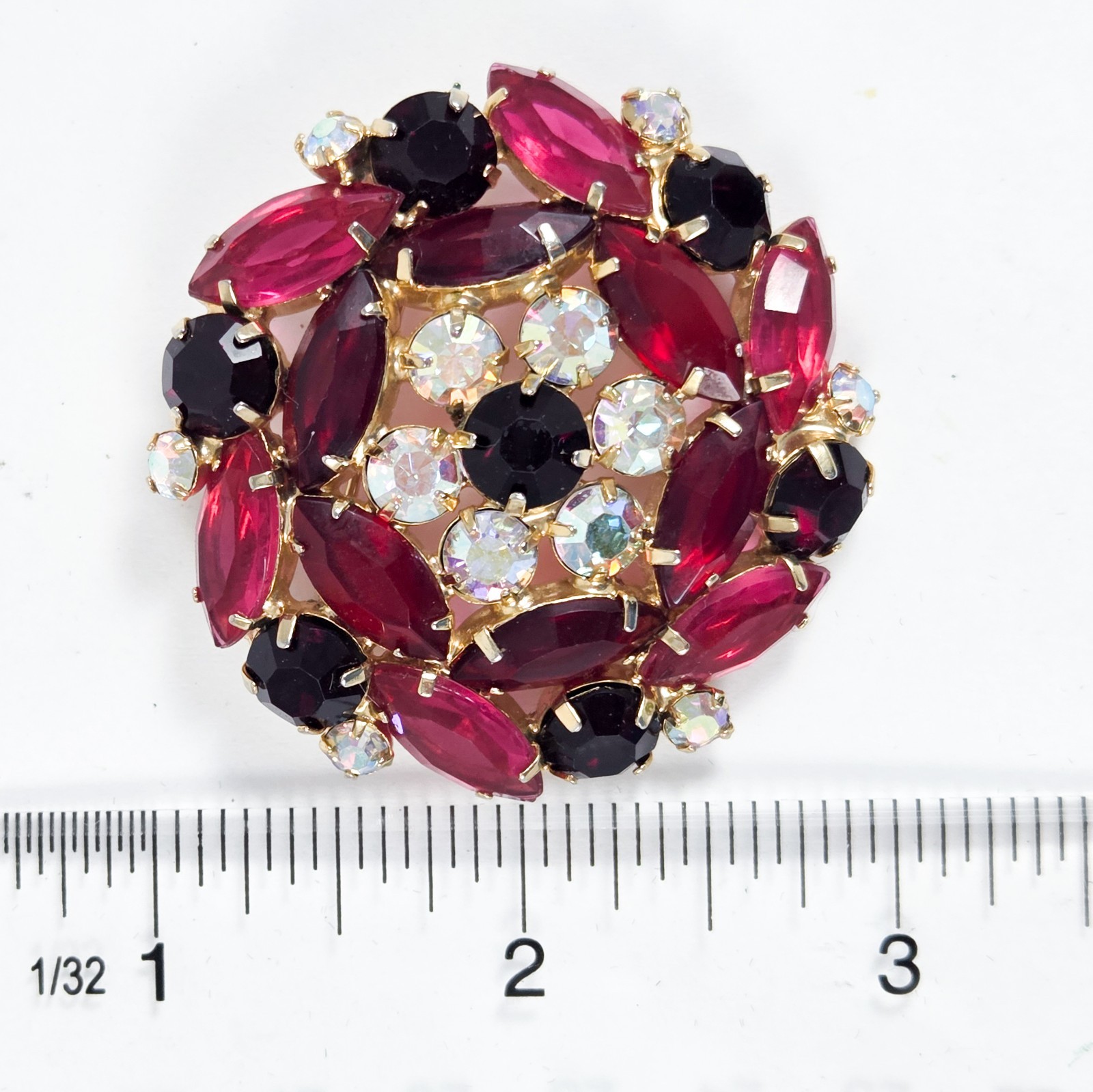 Retro Red Fuchsia Black AB Gold Tone Rhinestone Vintage Brooch