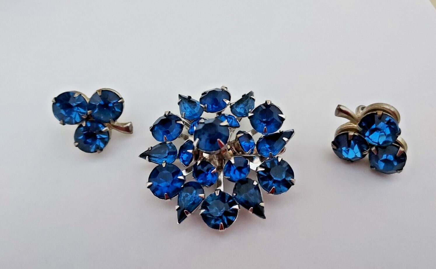 Coro Signed Pin Blue Rhinestone Earrings and Brooch Vintage Demi Set