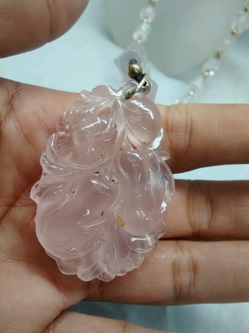 Stunning antique art deco Chinese carved rose quartz 14k gold beads necklace