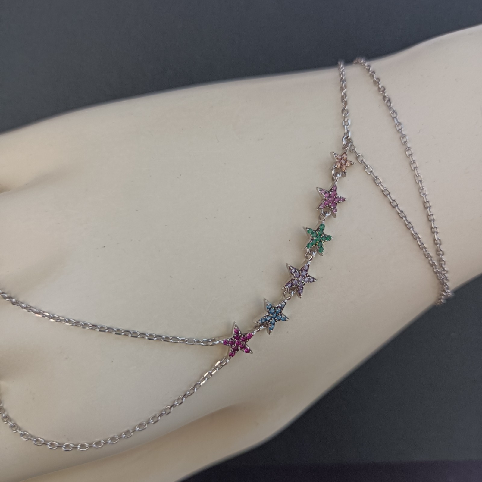 Hand Chain Bracelet Sterling Silver Slave Bracelet Ring Connected Stars Crystals