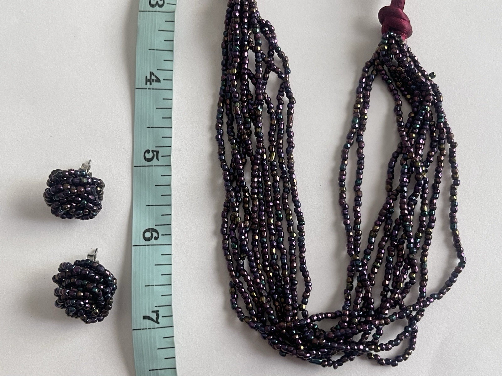 Vintage Multi-Strand Purple Peacock Seed Bead Choker Necklace Matching Earrings