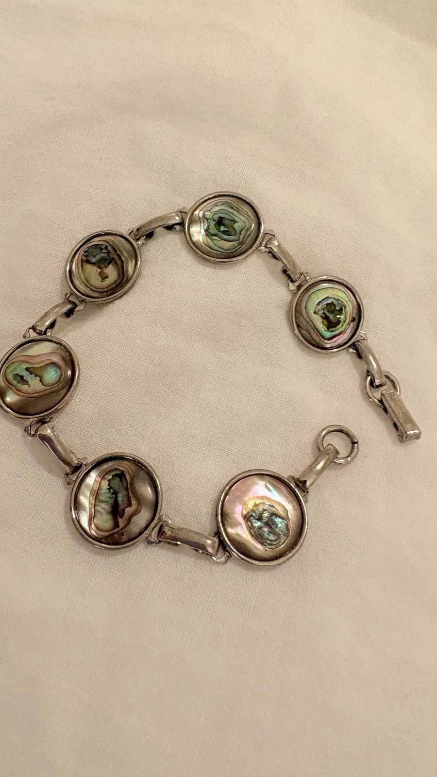 Vintage Hoffman Abalone Shell Link Bracelet Iridescent Paua Silver Tone 7.78”