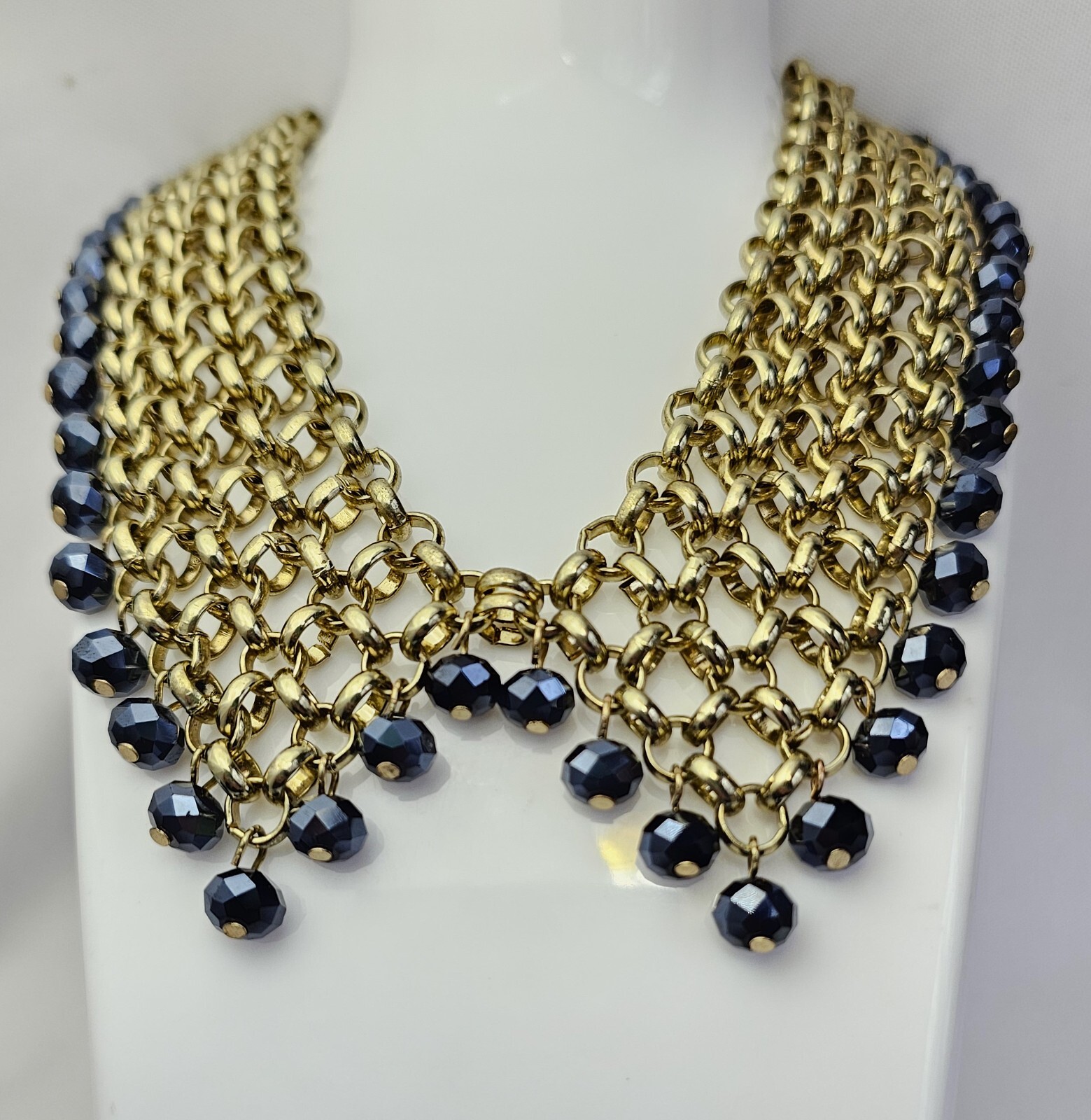 Gold Tone Chain Mail Blue Bead Bib Necklace Collar Fringe Dangling Beads Vintage