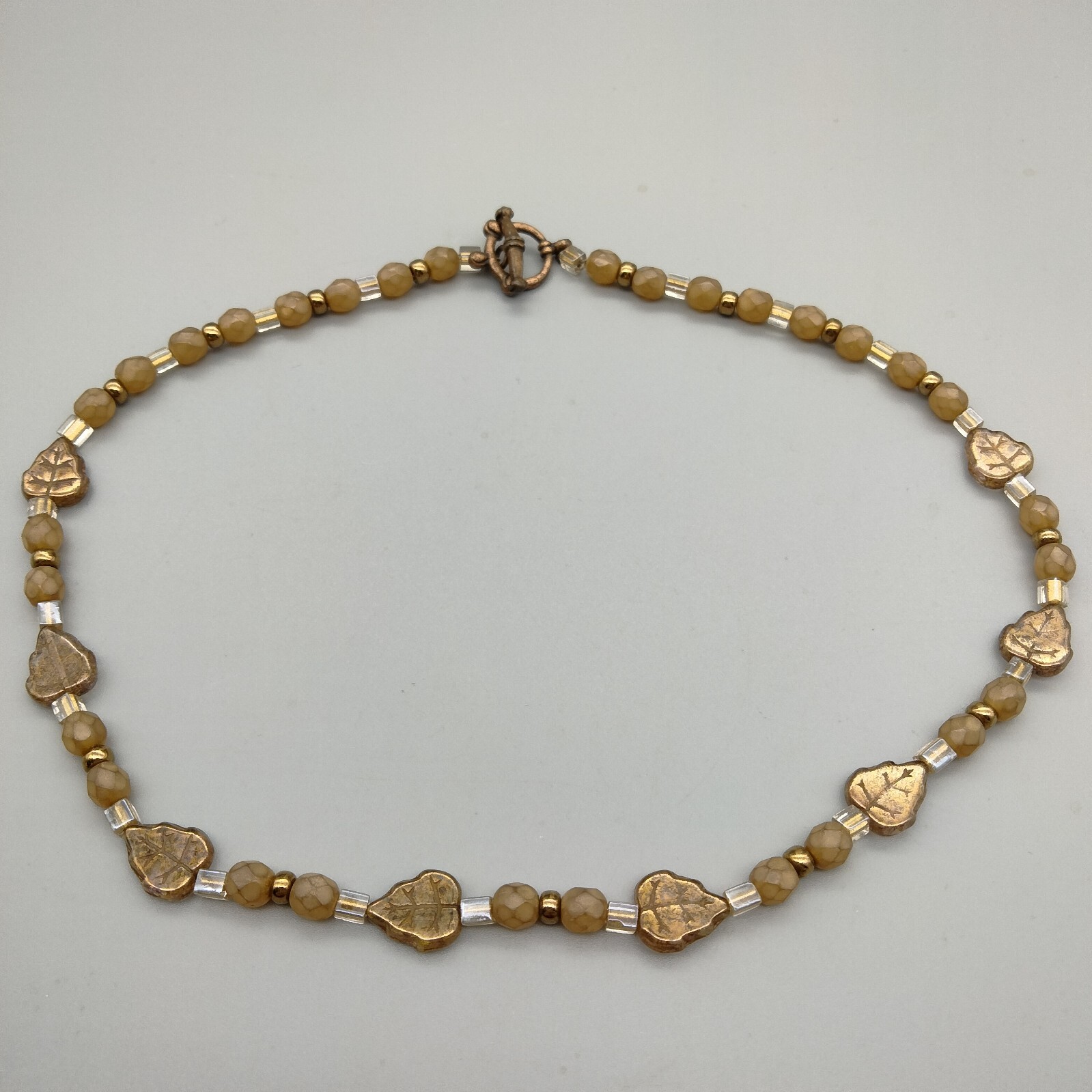 CottageCore Art Glass Necklace 17″ Artisan Made Leaves Bronze Tone Gorgeous
