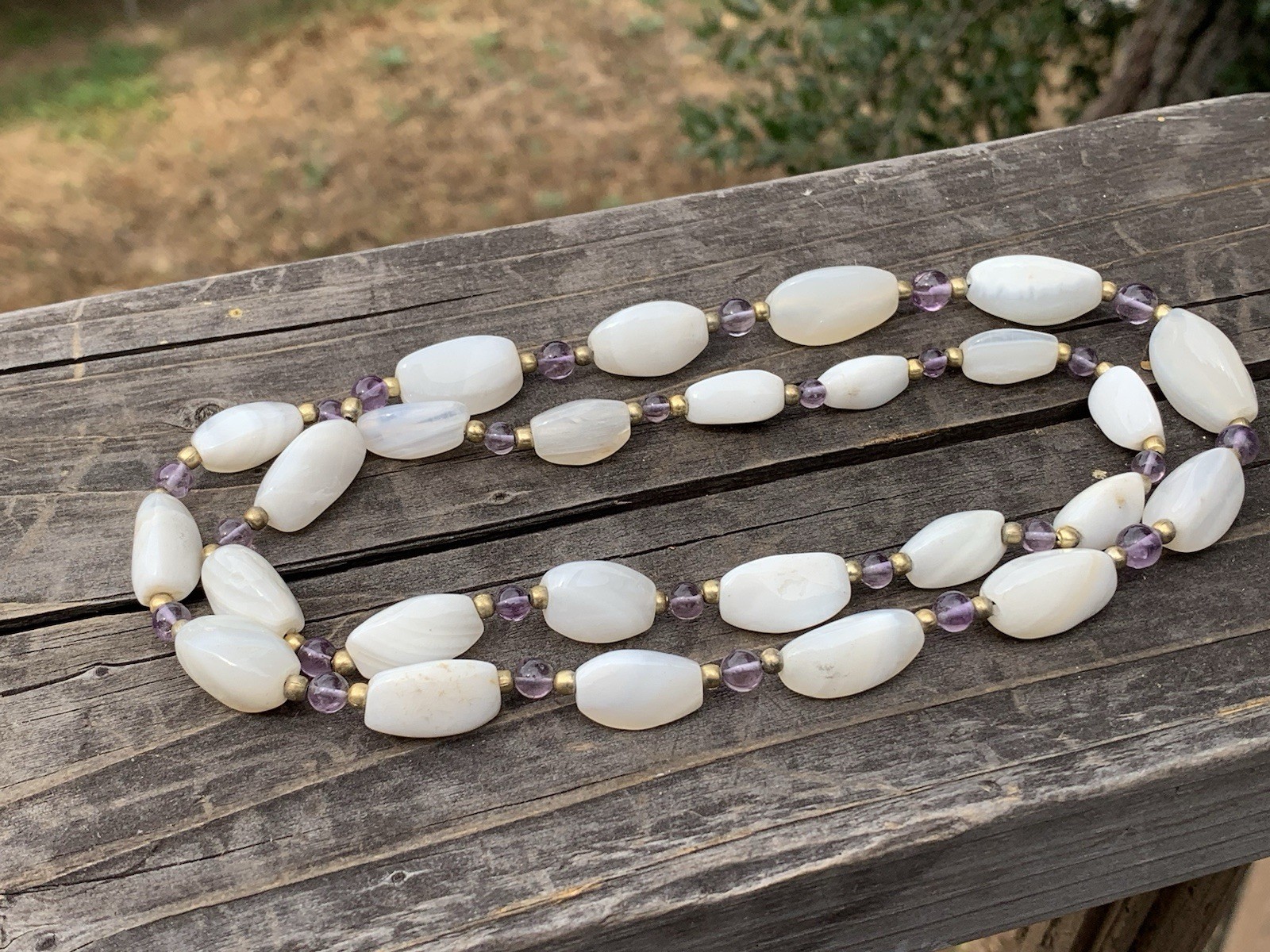 Vintage Necklace Lot-3 Mother of Pearl Green Chips & White Stones w-Purple Beads