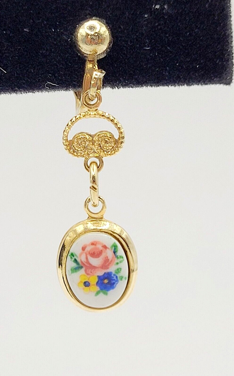 Petite Hand Painted Flowers Porcelain Gold Tone Drop Dangle Vintage Earrings