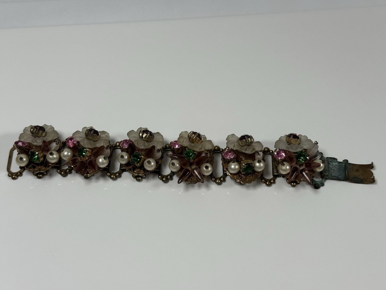 Antique Flower Glass Beaded Rhinestone Panel Bracelet 7″ Chunky 3D Book Chain