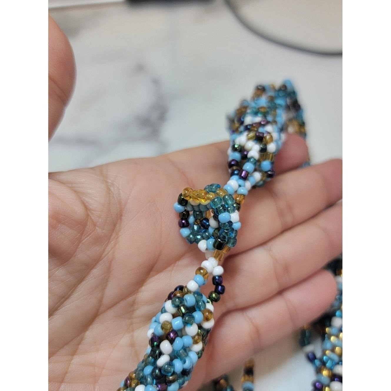 Vintage Blue White Gold Multi Strand Seed Bead Necklace Boho Statement Unsigned