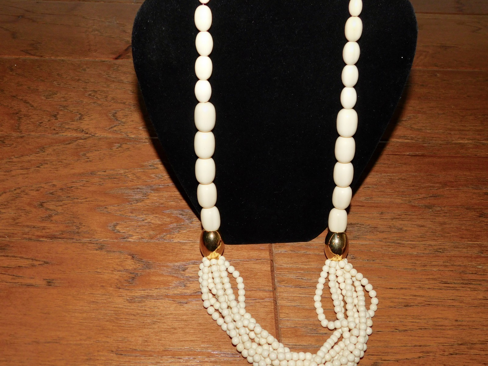 RARE! Napier Ivory/Gold Statement Necklace 30″ Oblong Beads Graduated MCM