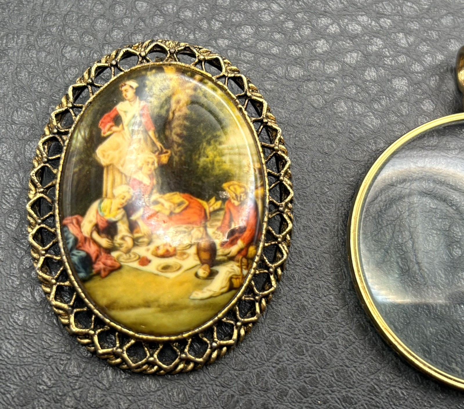 Vintage Lot Of 3 Pendants Gold Tone Floral Cameo Portrait Scene Magnifying Glass