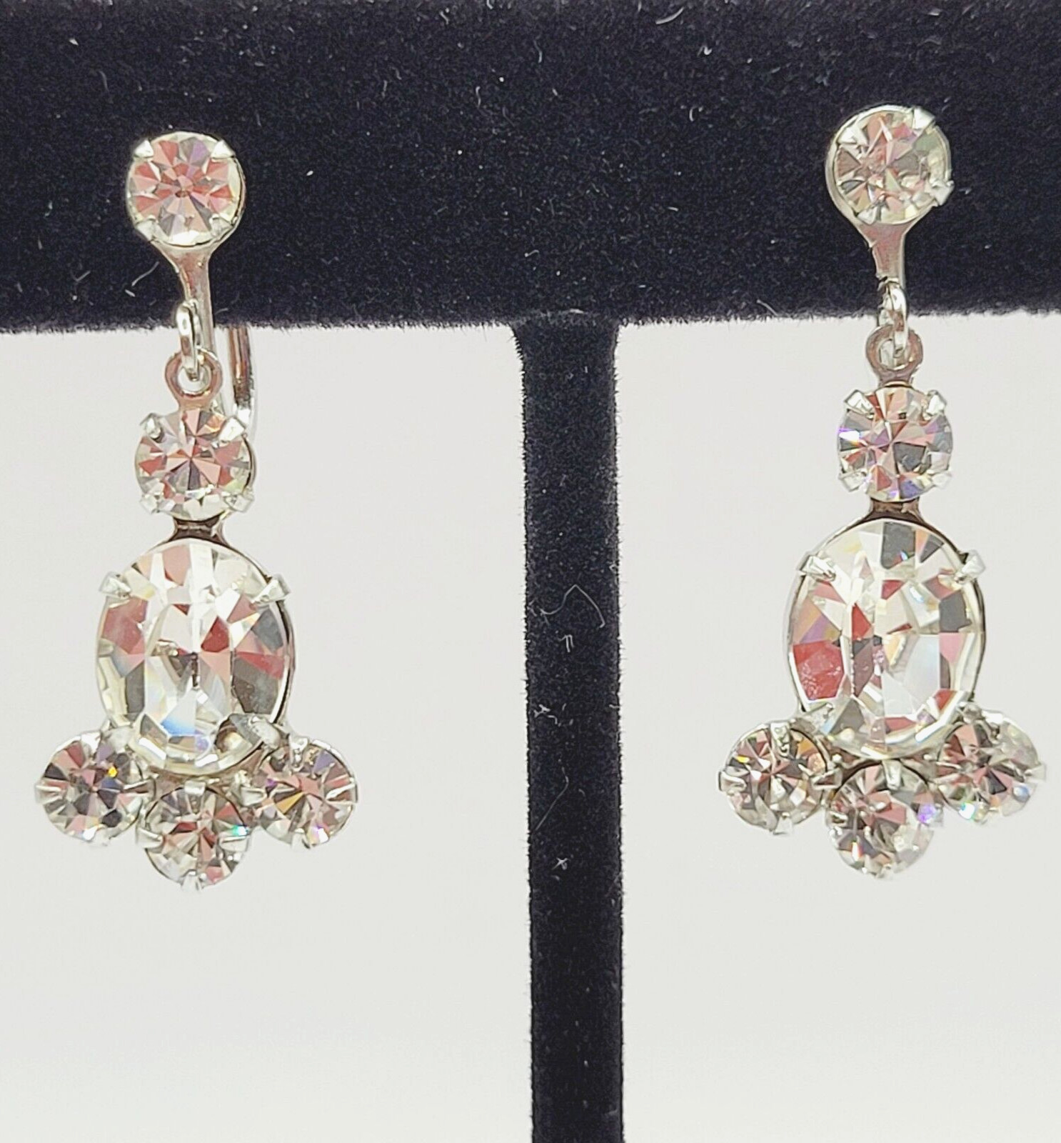 Crystal Rhinestone Cluster Silver Tone Drop Dangle Screw Back Vintage Earrings
