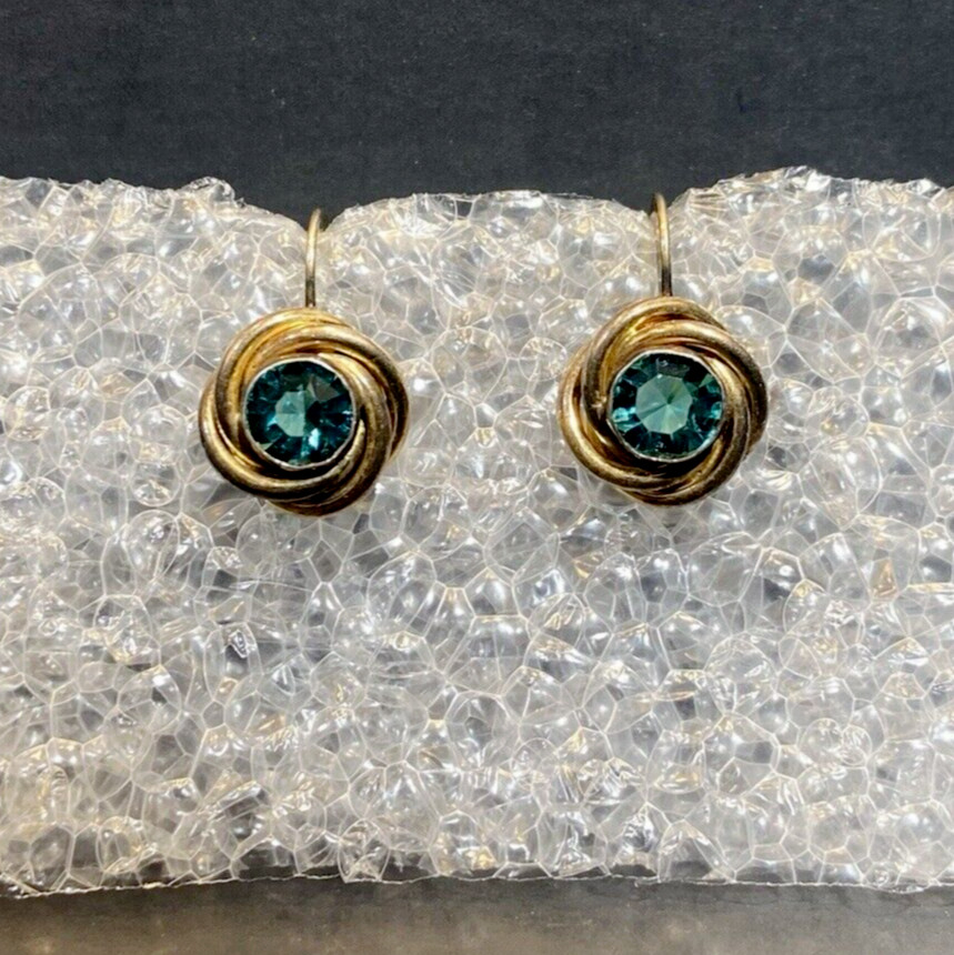 VTG AMCO Gold Filled 1-20 Sterling Silver Knot Earrings Green Glass Screw Back