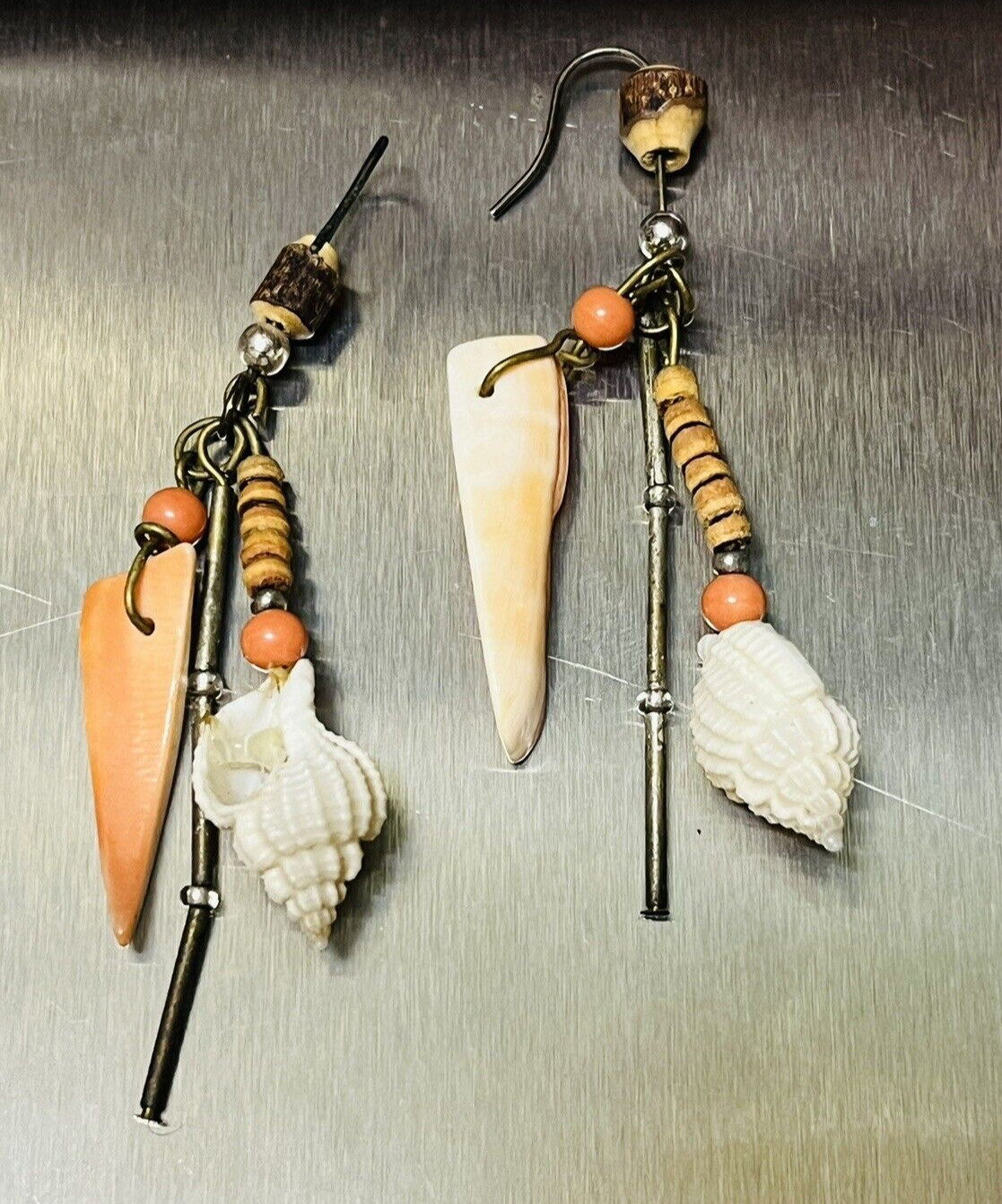 Sea SHELLS vintage Hook EARRINGS pierced long dangle handmade