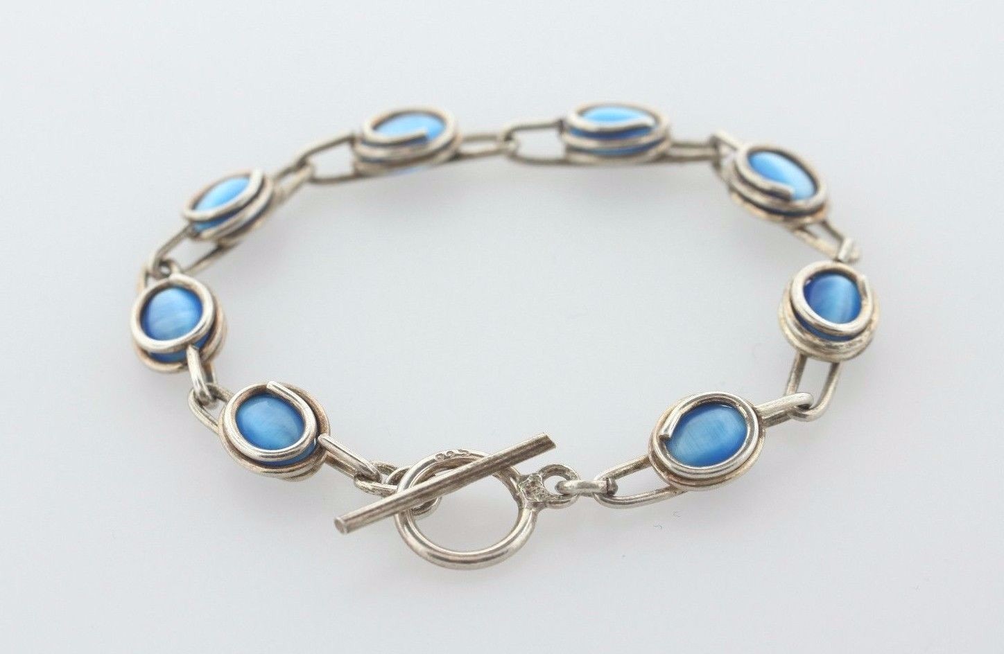 Sterling Silver 925 Wire Wrapped Oval Blue Tiger Eye Link Toggle Bracelet – 6.5″